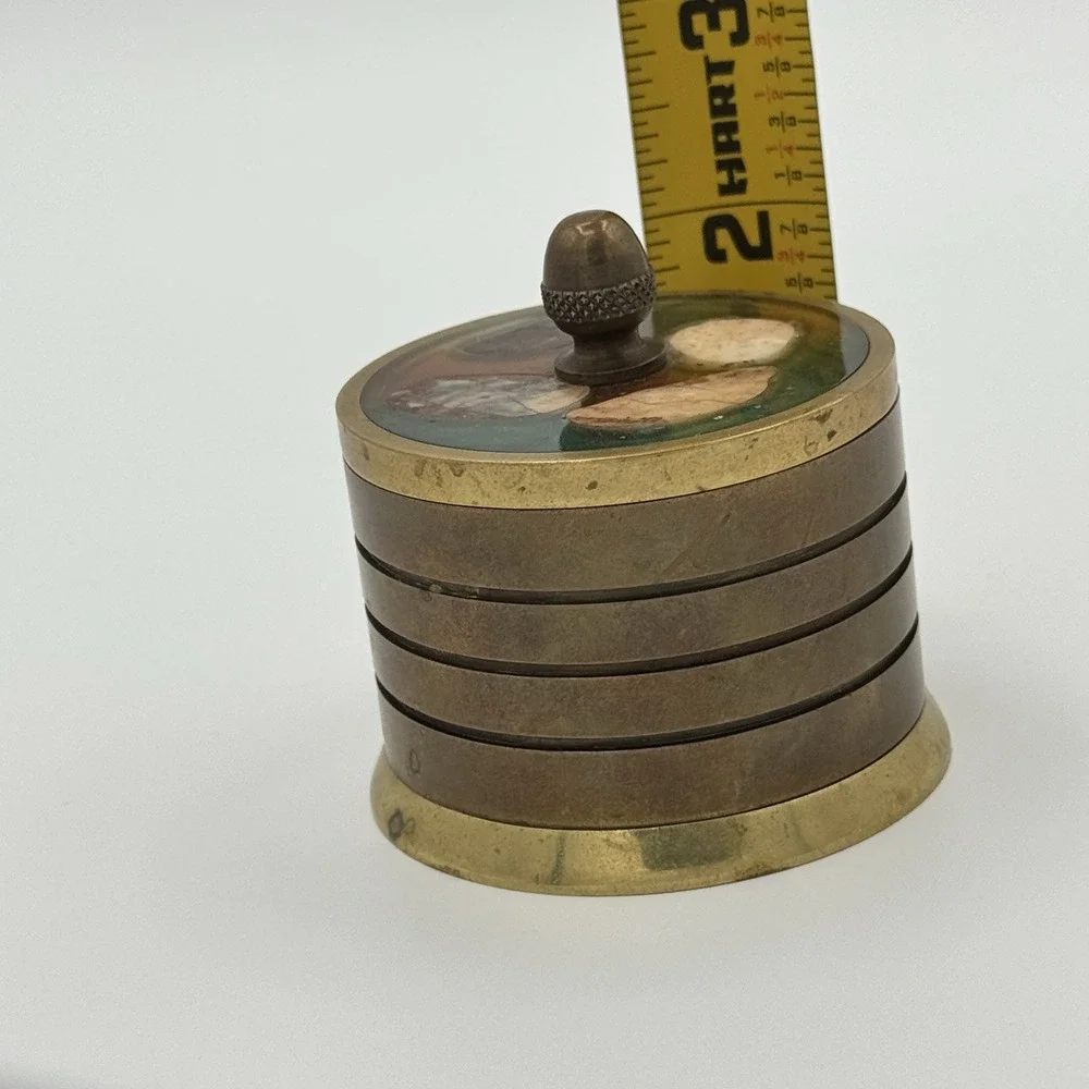 Vintage Brass Trinket Box with Stone Inlaid Lid Stepped Banded Design Acorn